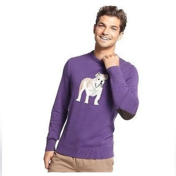 TOMMY HILFIGER Intarsia Bulldog Sweater Purple M Vintage cotton elbow patches - Picture 11 of 11